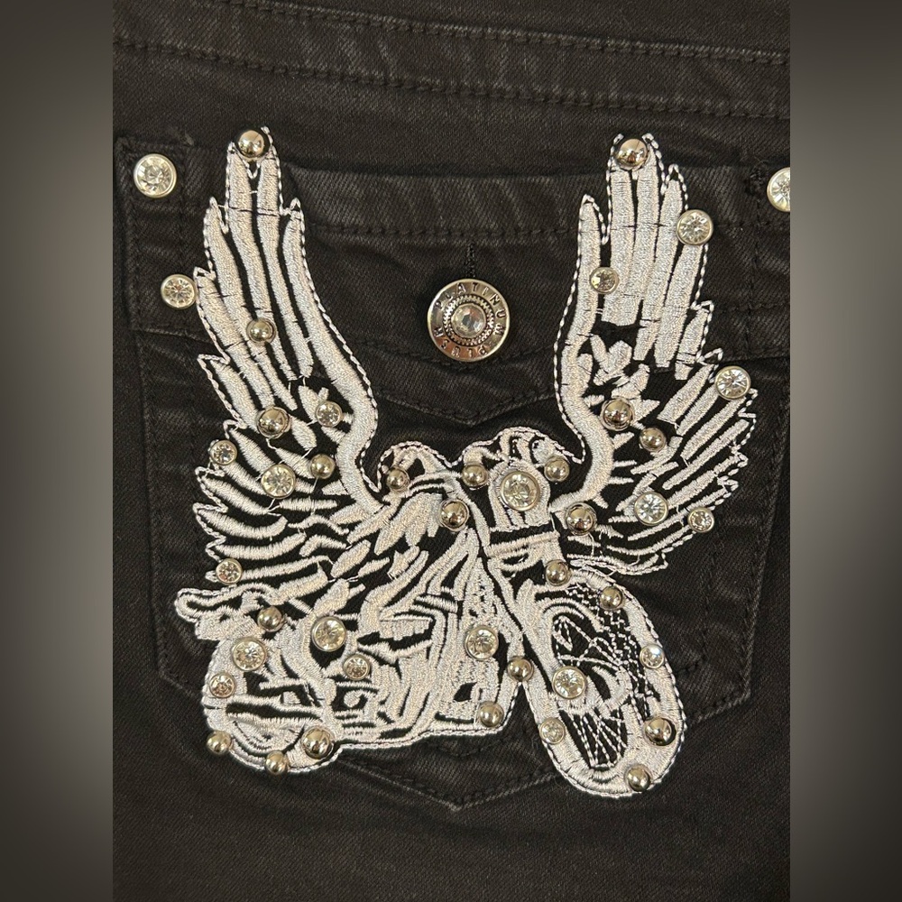 Platinum Plush Rhinestone Embellished Studded Black Biker Angel Jeans - Picture 7 of 10